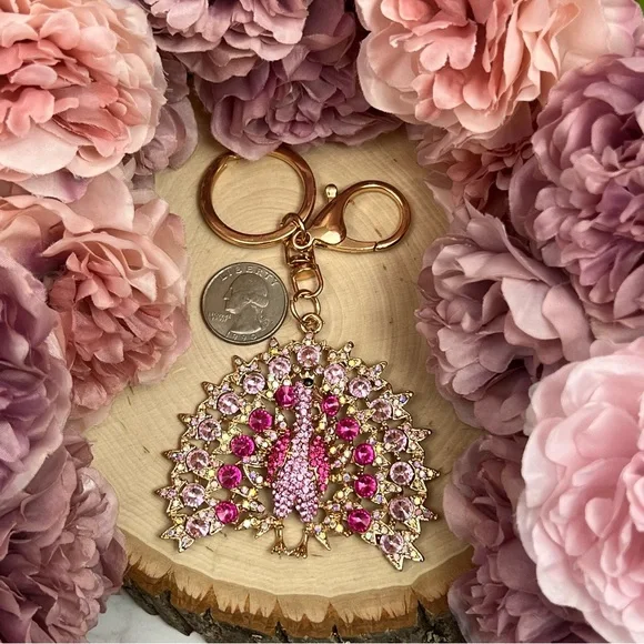 Beautiful Pink Crystal Peacock Keychain Charm - Picture 13 of 14